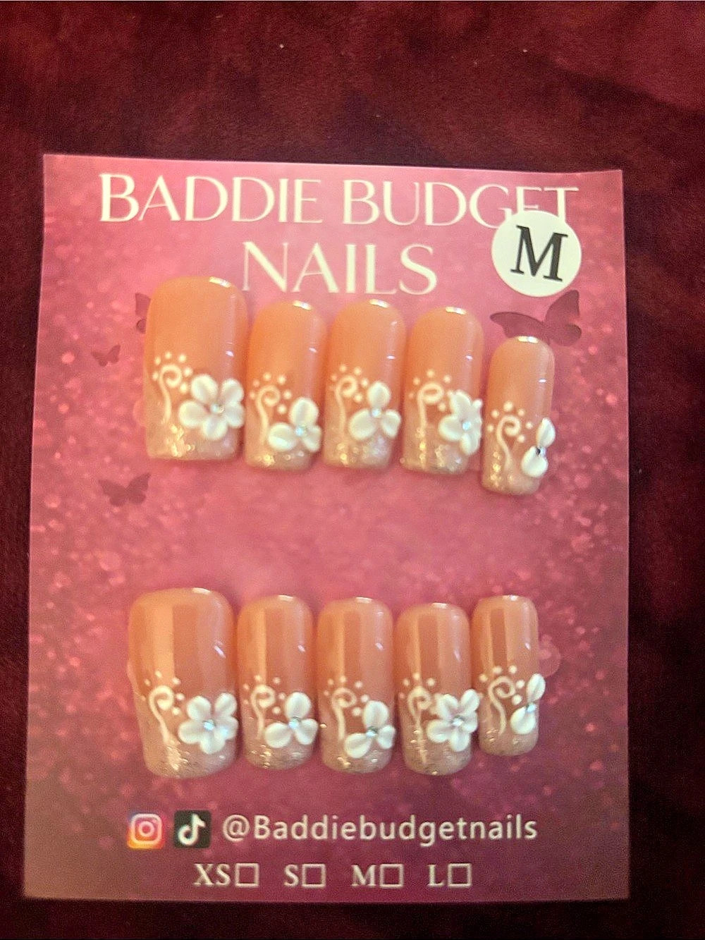 Baddie Budget Nails Floral Press-On Nails Brown & White Medium NWT